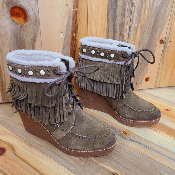 Sam Edelman Kemper Fringe Wedge Suede Booties - Picture 1 of 7